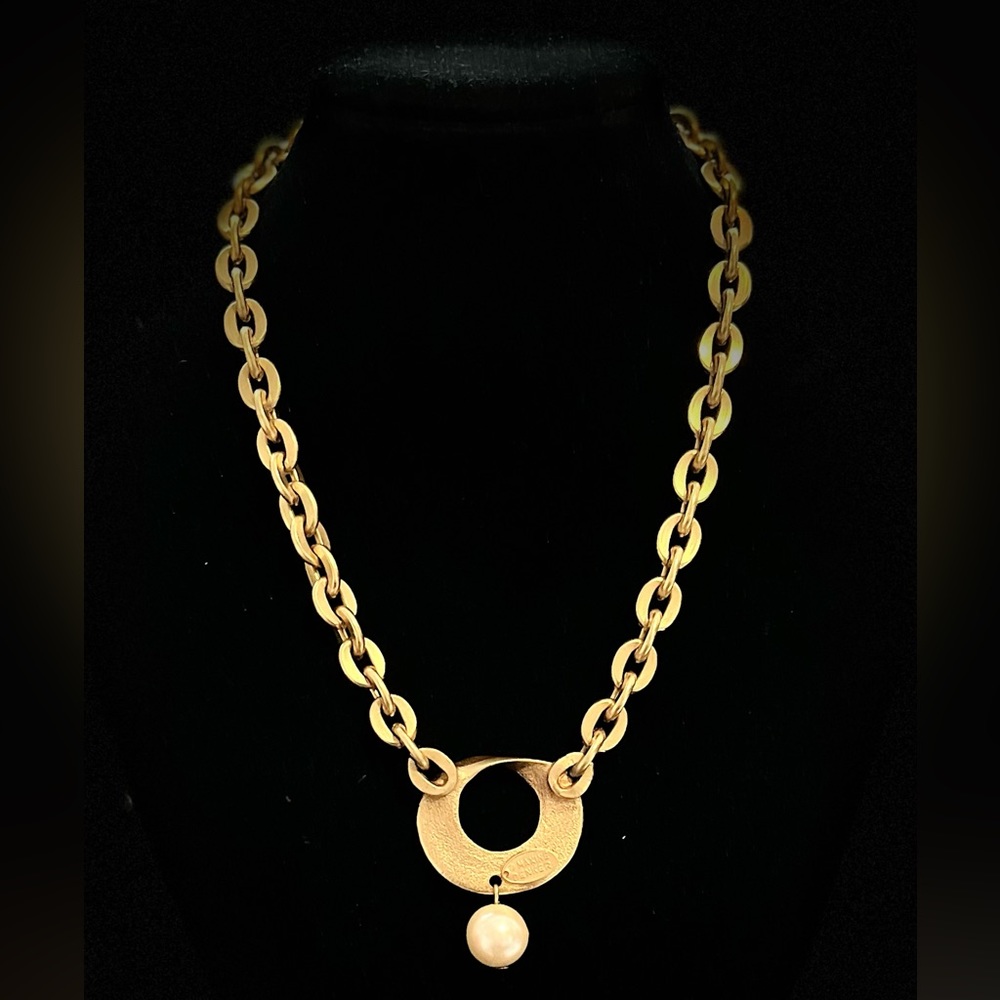Maxine Denker Pearl Necklace Couture Designer Choker signed Matte Gold Tone 90’s